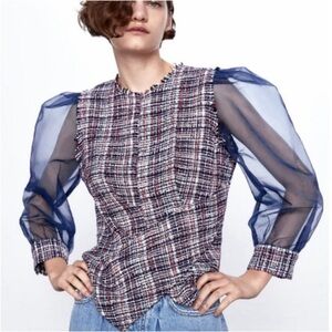 Zara Blue and Red Tweed Blouse with Sheer Sleeves